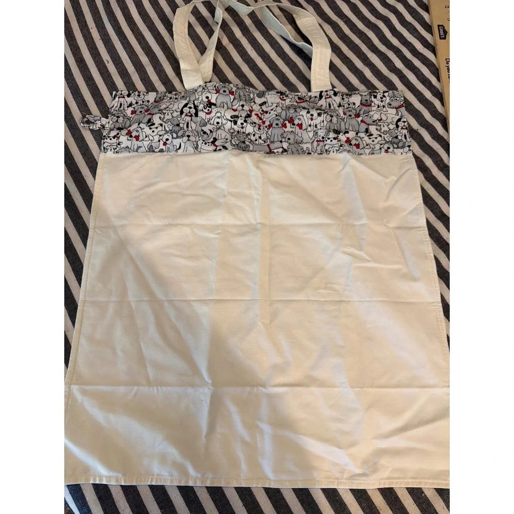 Canvas Tote Bag Cream with Illustrated Dog Print Trim Reusable Shopper